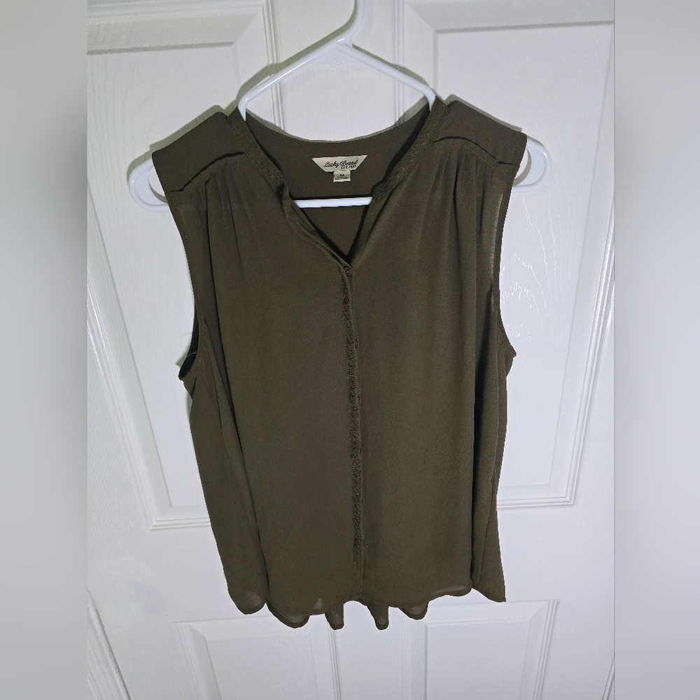 Lucky Brand Womens Olive Green Pleated Front Sheer Top